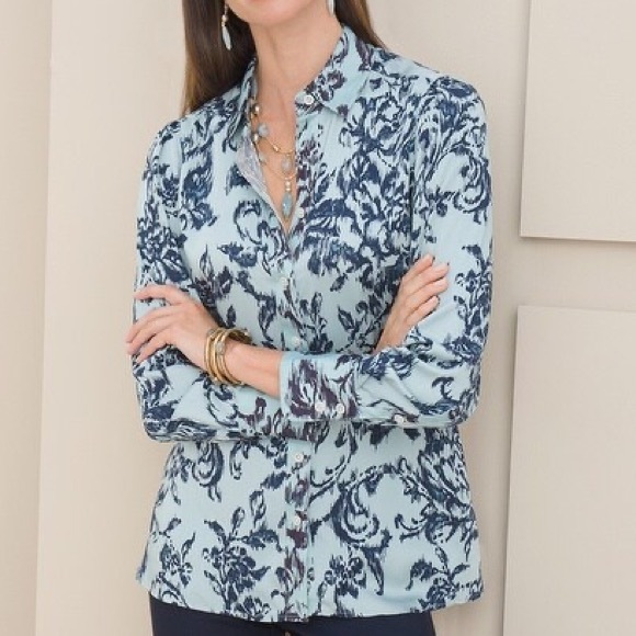 Chico's Tops - Chico’s Sandwashed Satin Ikat Floral Button Shirt Size XXL
